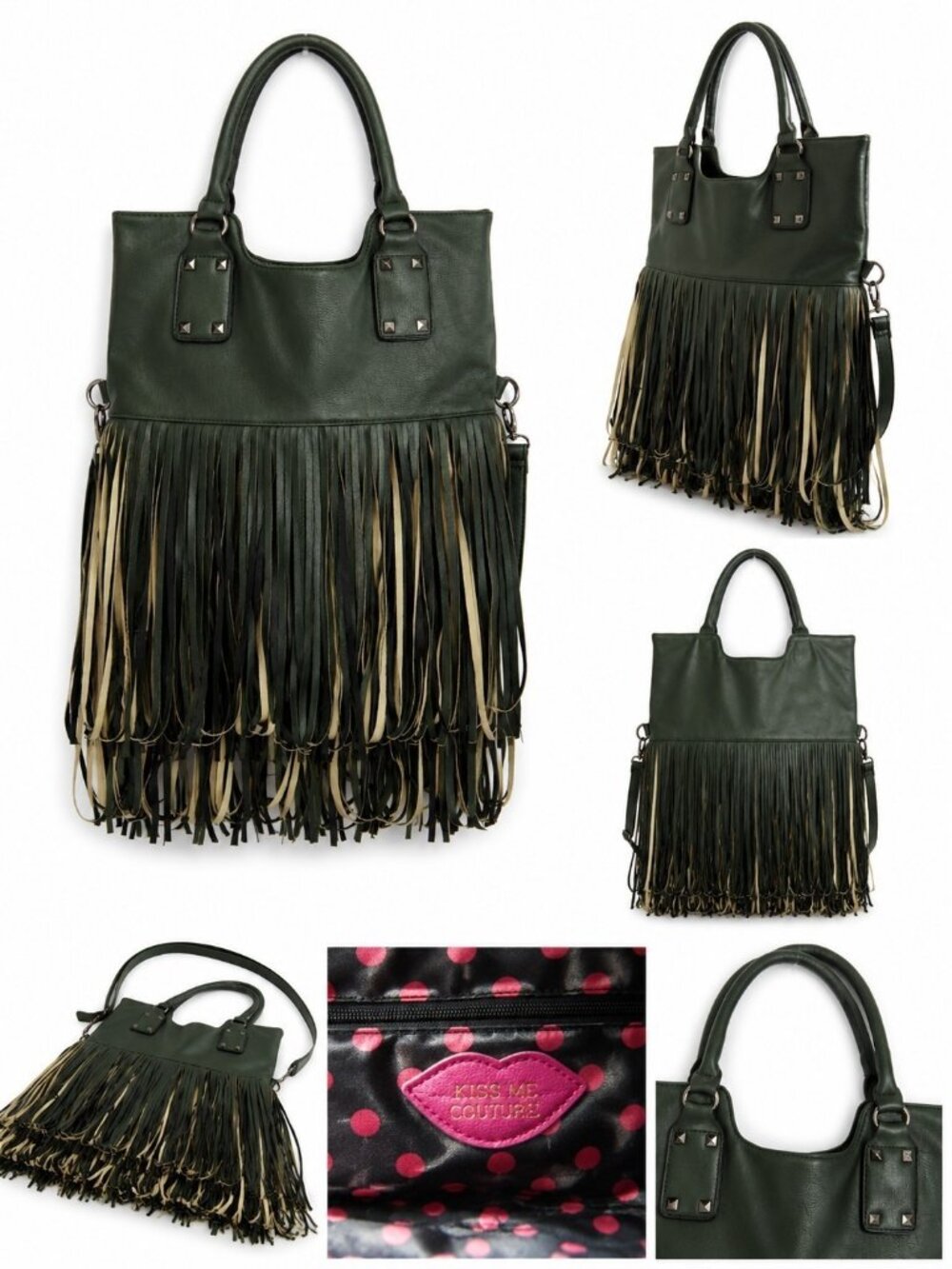 Kiss Me Couture Green Fringe Tote Shoulder Bag Boho Western Crossbody Purse